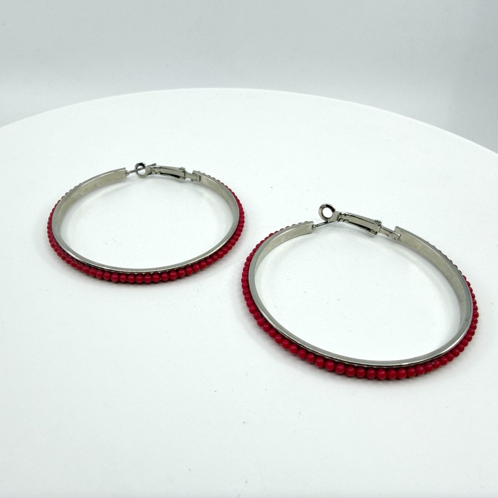 Y2K Silver Red Beaded Hoop Earrings Boho Chic Fashion Jewelry Gift
